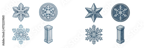 Intricate winter snowflakes and decorative star shapes with abstract geometric elements in engraving style
