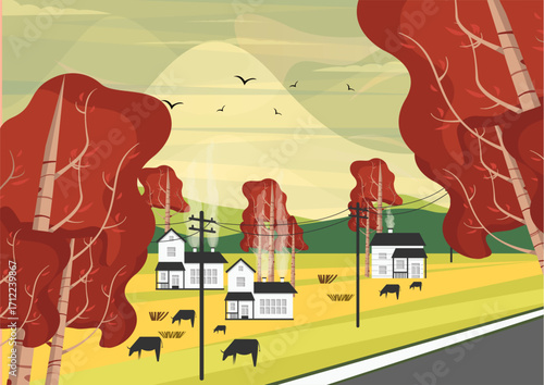 Colorful classic decor illustration of countryside field scene painting