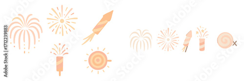 Collection of pastel fireworks and firecrackers with a soft watercolor texture, perfect for festive celebrations and holiday designs