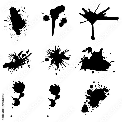 Black Ink Splashes and Splatters Collection – Abstract Grunge Paint Drops & Blot Vector Design Elements, set of ink blots and splashes
