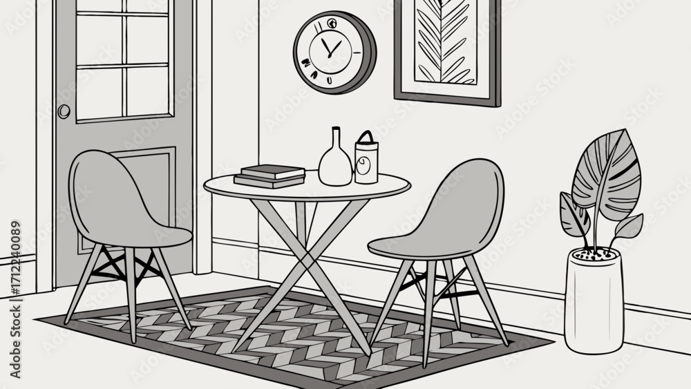 Fototapeta premium Small room interior design with table chairs and plant illustration.