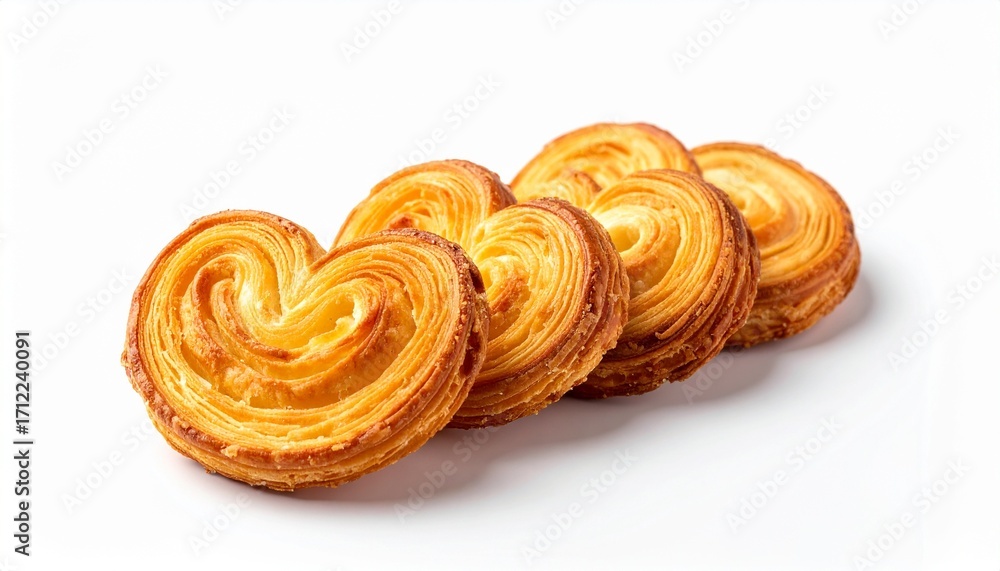 Fototapeta premium Golden Palmier Puff Pastry Cookies Against a Clean White Backdrop, pastry Cookies,