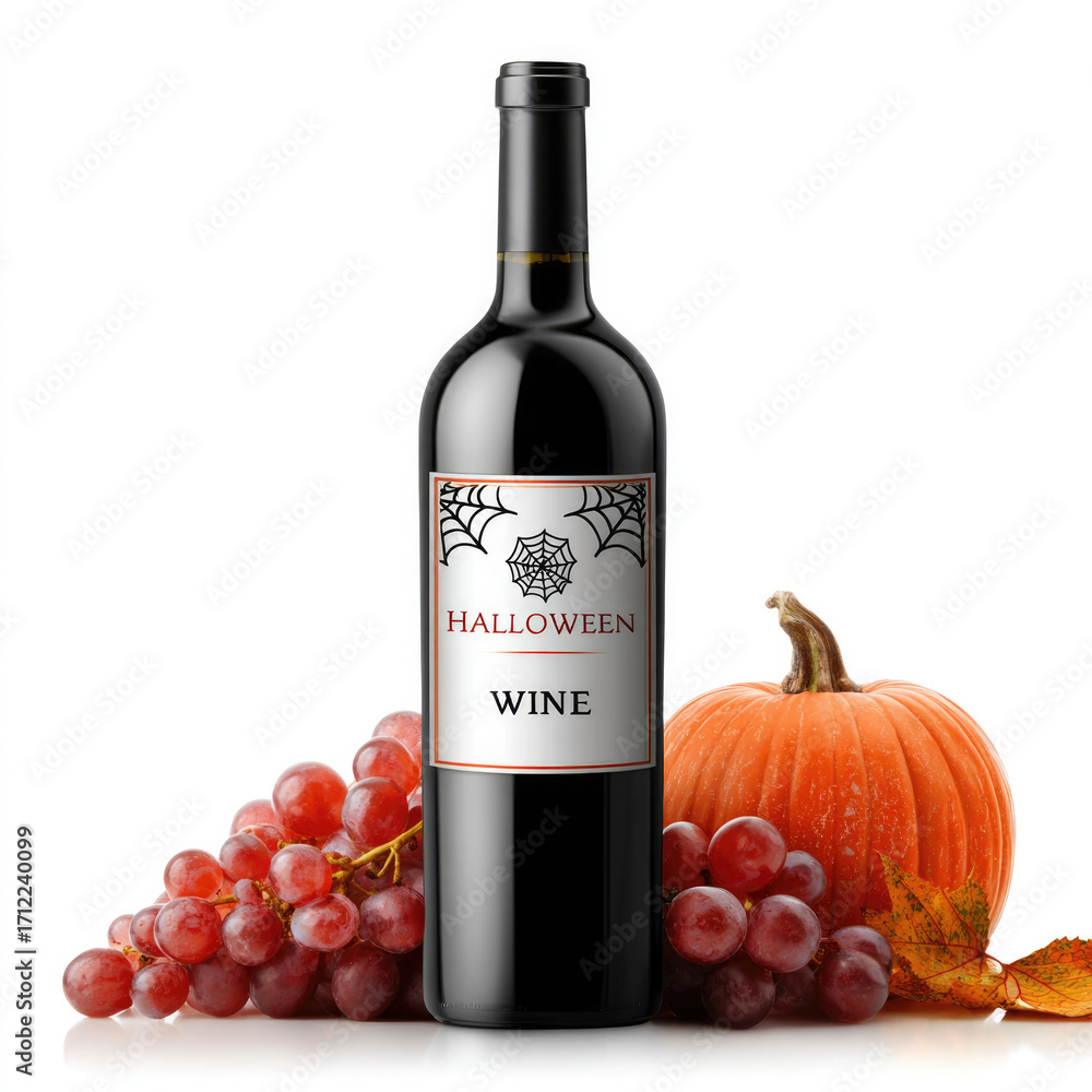 Obraz premium Halloween themed wine bottle with spider web label and autumn decorations for festive celebrations