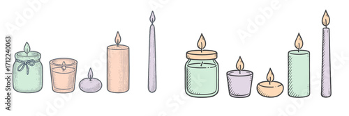 Assortment of burning candles in pastel colors and diverse forms, creating a warm and cozy ambiance for relaxation and home decor