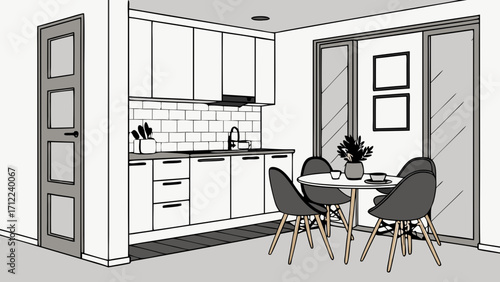 Small Kitchen Interior Design Sketch Minimalist Apartment Plan Modern Dining Area Illustration.