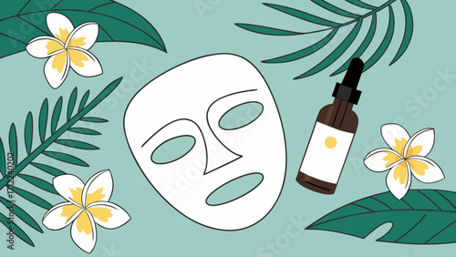 Spa treatment skincare routine facial mask tropical flowers beauty product cosmetic illustration wellness self-care natural ingredients green leaves plumeria dropper bottle aromathera.