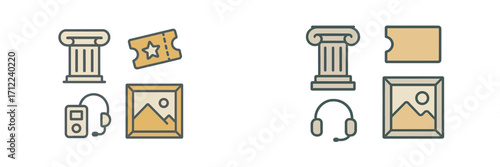 Collection of museum and art gallery visit icons featuring classical column, admission ticket, audio guide, and framed artwork