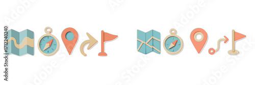 Collection of navigation and location icons featuring maps, compass, destination pin, route arrow, and flag symbols for travel and guidance