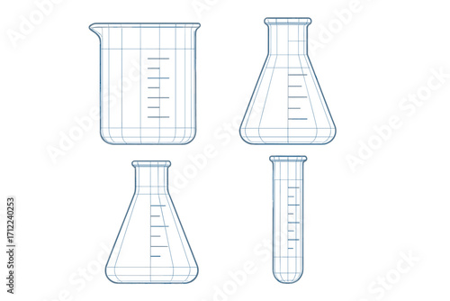 Scientific laboratory glassware collection featuring beakers, flasks, and test tubes for chemistry experiments and education
