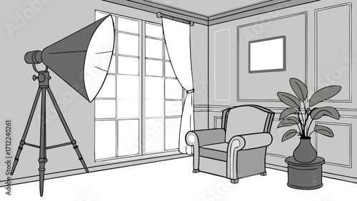 Studio Interior Design Photo Shoot Setup Room with Lighting Equipment Armchair and Plant Illustration.