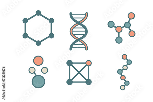 Diverse scientific molecular structures and DNA helix diagram set representing fundamental chemistry and biology concepts for education