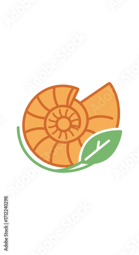 Orange Ammonite Fossil with Green Leaf Icon.