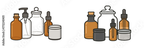 Collection of cosmetic and skincare product containers with various bottles and jars for beauty and wellness