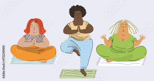 Set of different plump women standing in different asanas, drawn in doodle style.