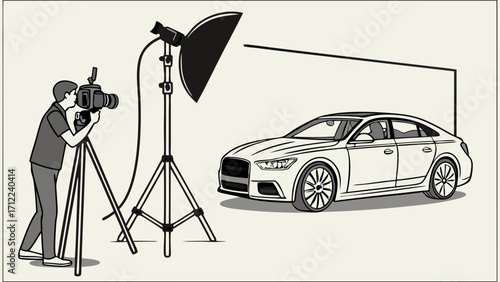Studio Photography Session of a Car Photographer with Camera and Lighting Equipment Illustration.