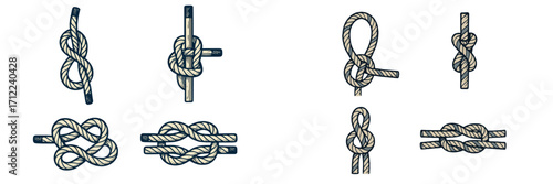 Set of diverse nautical rope knots and ties for sailing, boating, and marine activities with secure fastening and decorative elements