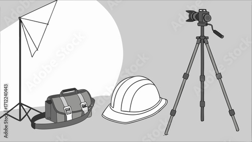 Studio Photography Setup Camera Tripod Lighting and Safety Helmet Illustration.