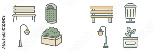 Set of minimalist outdoor park furniture and street elements with benches, trash cans, lampposts, and planters