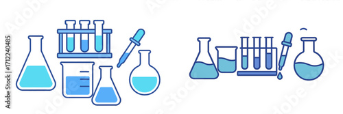 Scientific laboratory glassware and chemical research equipment including beakers, flasks, test tubes, and dropper