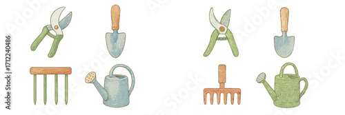 Essential gardening tools collection featuring pruning shears, hand trowels, cultivators, and watering cans for various garden tasks