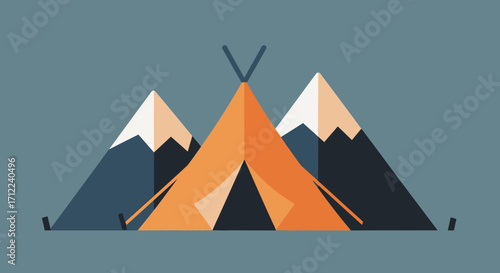 Orange tent nestled between two majestic mountains.