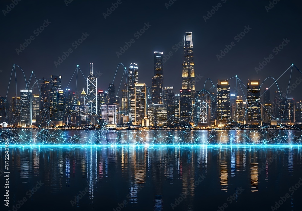 Fototapeta premium Modern city skyline at night with glowing lights and digital network connections across the water