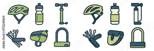 Cycling accessories set with helmets, water bottles, pumps, multi-tools, saddle bags, and U-locks