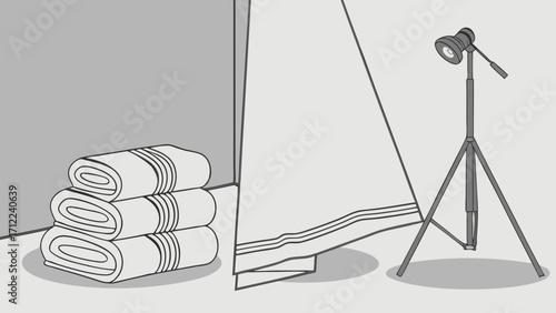 Studio Photography Setup with Rolled Towels and Lighting Equipment Illustration.