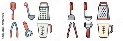 Essential kitchen utensils and cooking tools for food preparation and culinary tasks like grating, peeling, and serving