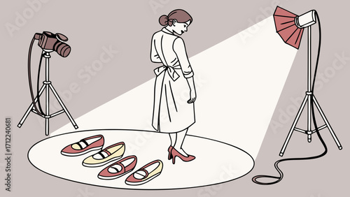 Studio Photography Setup with Shoes and Model Illustration.