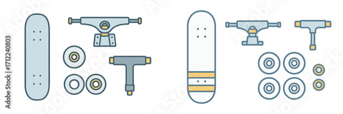 Skateboard components set including deck trucks wheels bearings and T-tool for assembly and maintenance