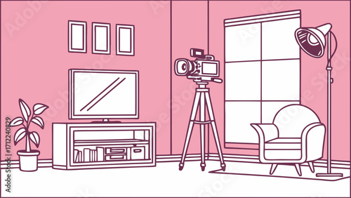Studio room interior with camera on tripod TV armchair and lighting.