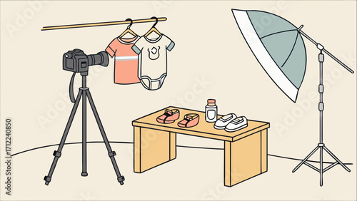 Studio Setup for Product Photography Camera Lighting and Baby Clothes and Shoes.