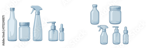 Collection of empty clear glass and plastic bottles jars and spray pump dropper containers for reusable products