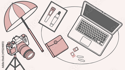 Studio Setup with Camera Laptop and Makeup Accessories Flat Lay Illustration.