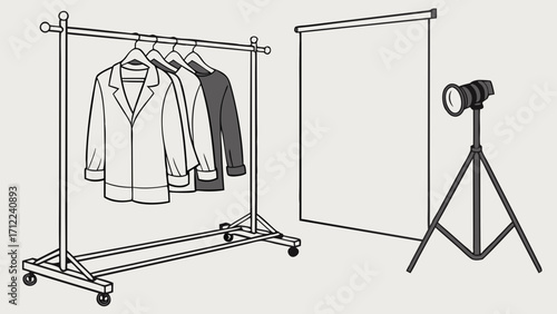 Studio Setup with Clothing Rack Backdrop and Lighting.