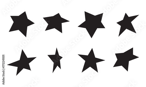 Different angles star icon. Set of bright black star shapes with varied designs displayed on a white background, useful for decoration, symbols, and graphic projects.
