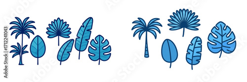 Assortment of stylized blue tropical plants and exotic leaves featuring palm trees and diverse foliage shapes