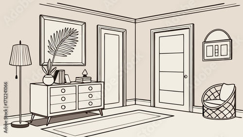 Stylish Home Interior Design Sketch Entryway with Furniture and Decor Illustration.