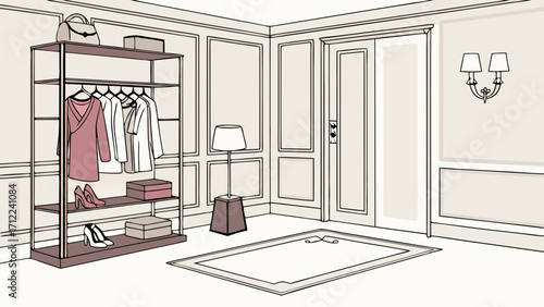 Stylish Interior Design Modern Hallway with Clothing Rack and Accessories.