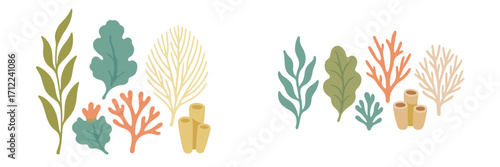 Colorful stylized collection of diverse underwater plants, seaweeds, and coral reef elements in soft pastel colors for marine life themes