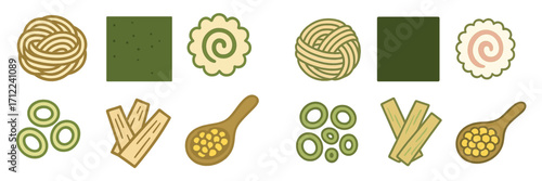 Japanese ramen soup ingredients set with noodles nori narutomaki green onions bamboo shoots and corn