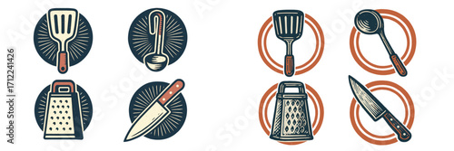 Assortment of essential kitchen utensils and cooking tools including spatula, ladle, grater, and knife with a vintage aesthetic
