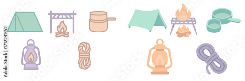 Collection of outdoor recreation and adventure elements featuring camping essentials such as tents, campfires, lanterns, and ropes