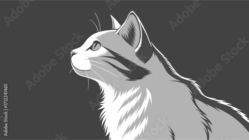 Stylized Monochrome Cat Profile Elegant Pet Illustration Grey Scale Animal Portrait Vector Graphic Design for Print and Web.