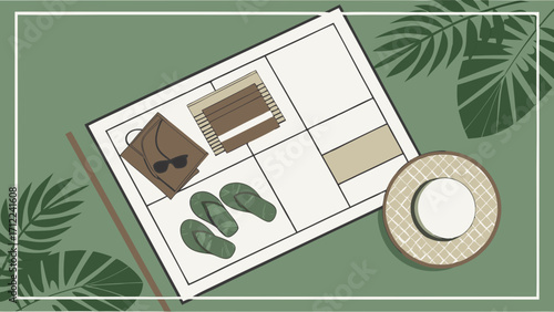 Summer Picnic Blanket Flatlay Tropical Leaves and Accessories.