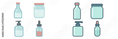 Diverse set of cosmetic and liquid packaging containers featuring bottles, jars, pump dispensers, and dropper vials