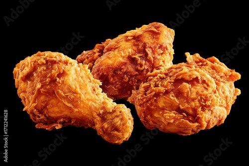 Delicious, crispy, fried chicken wings and breast snack on a black background, a tasty meal closeup.
