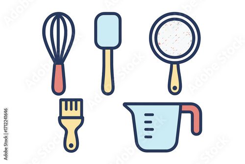 Assortment of colorful kitchen baking tools including whisk spatula sieve measuring cup and pastry brush