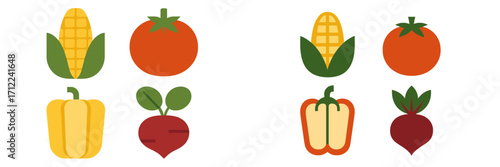 Colorful fresh healthy vegetables and produce including corn, tomato, bell pepper, and beetroot for cooking